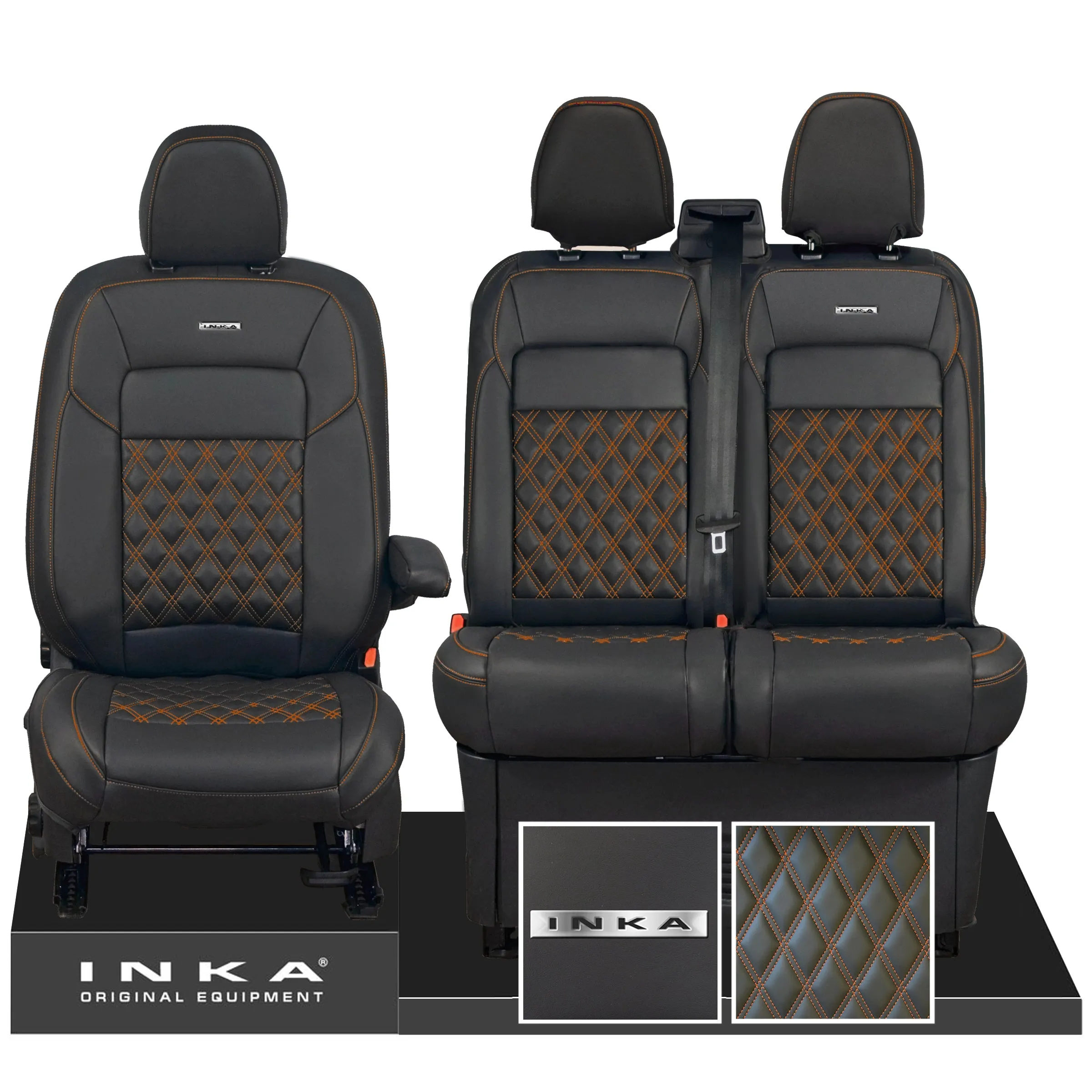 All New Ford Transit Custom Front 1 2 INKA Steel Badge Bentley Leatherette Tailored Seat Covers Black MY-2024 (Choice of 7 Colours)