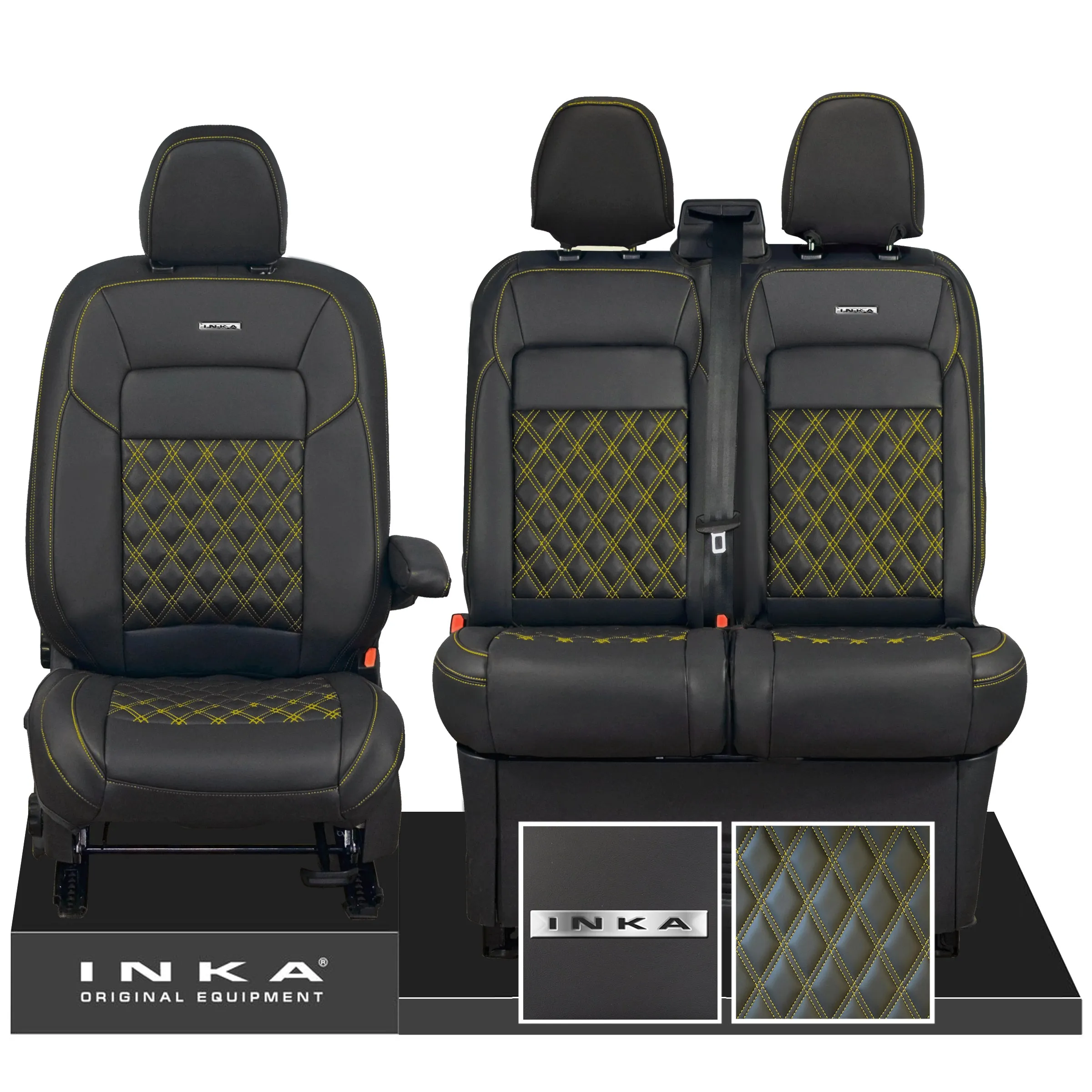 All New Ford Transit Custom Front 1 2 INKA Steel Badge Bentley Leatherette Tailored Seat Covers Black MY-2024 (Choice of 7 Colours)