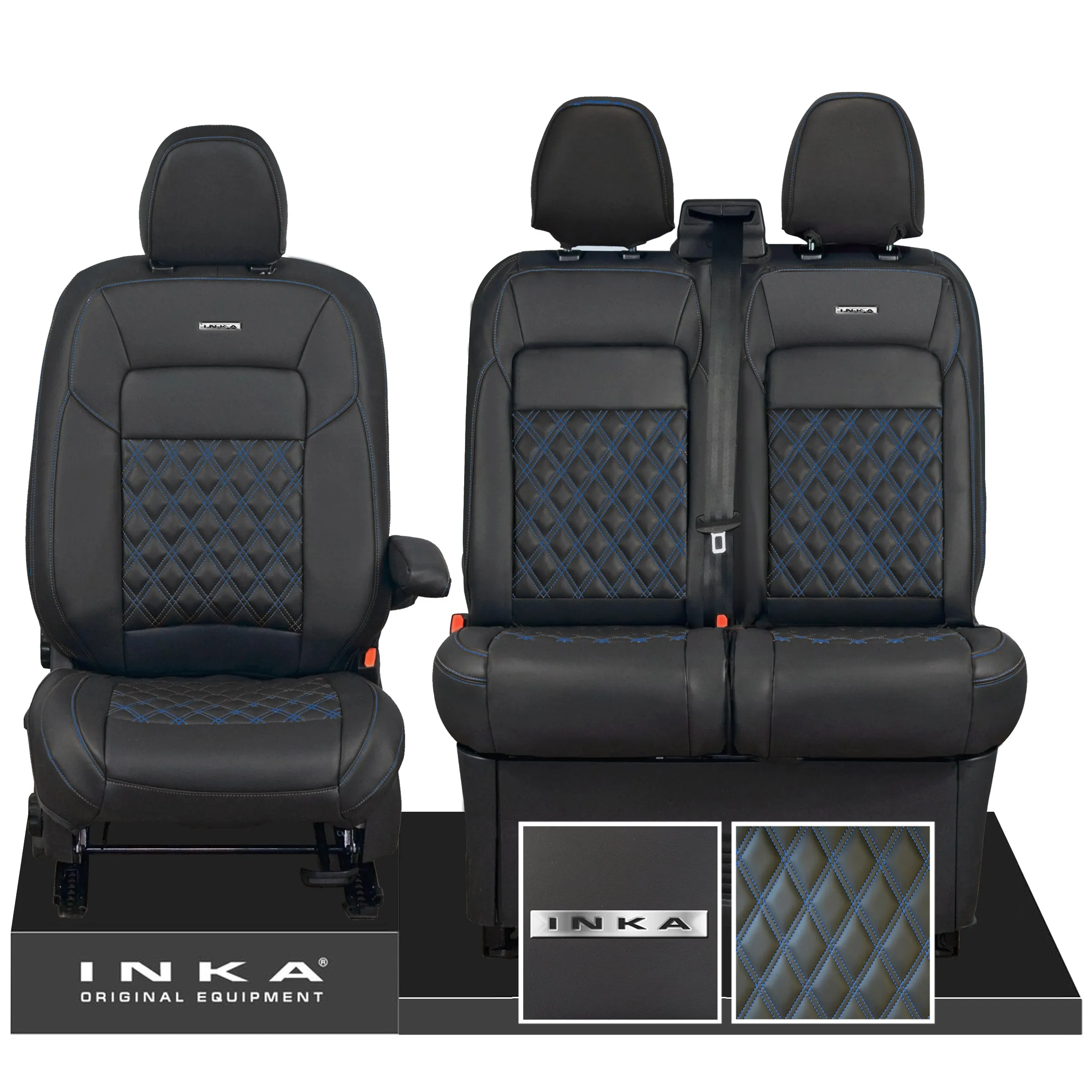 All New Ford Transit Custom Front 1 2 INKA Steel Badge Bentley Leatherette Tailored Seat Covers Black MY-2024 (Choice of 7 Colours)