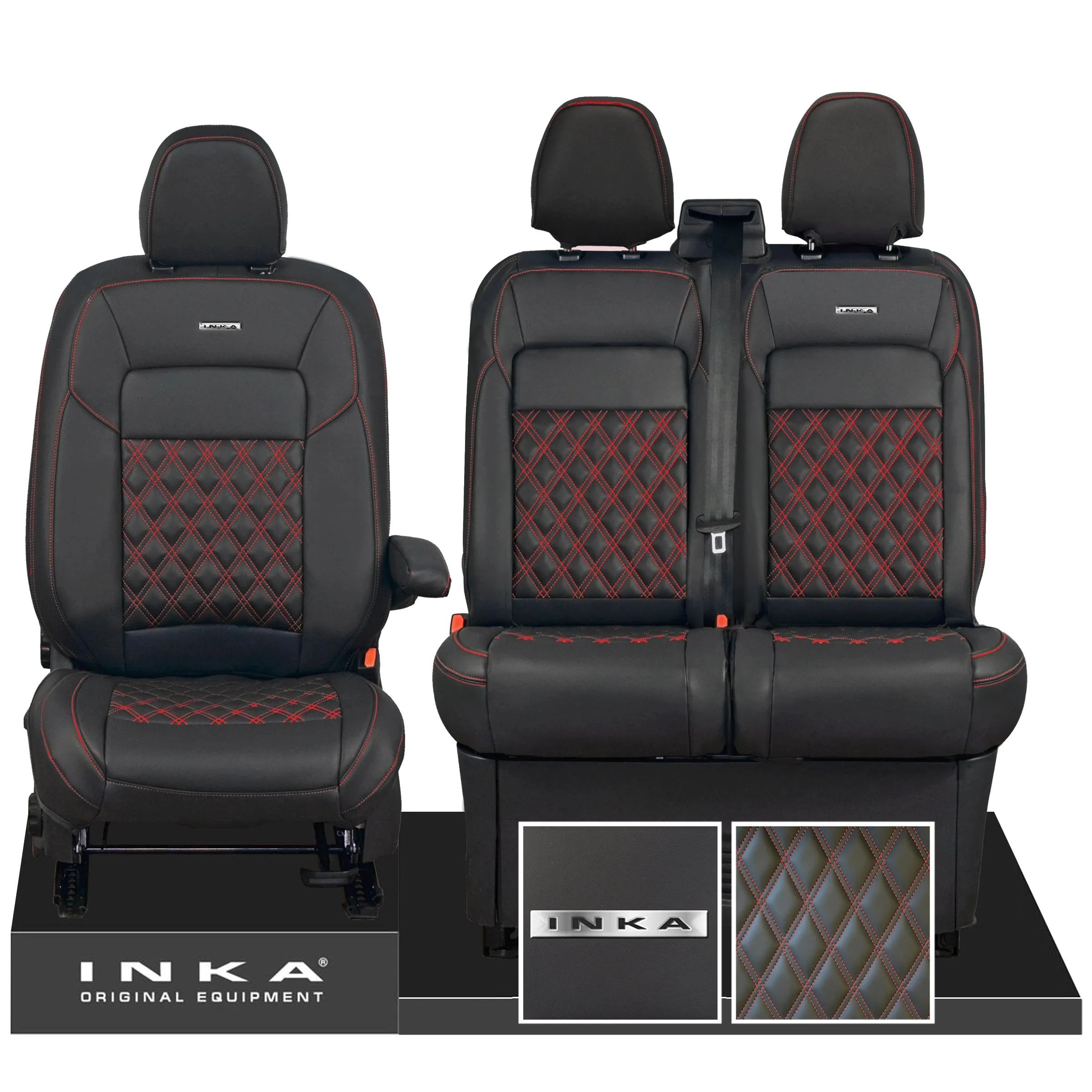 All New Ford Transit Custom Front 1 2 INKA Steel Badge Bentley Leatherette Tailored Seat Covers Black MY-2024 (Choice of 7 Colours)