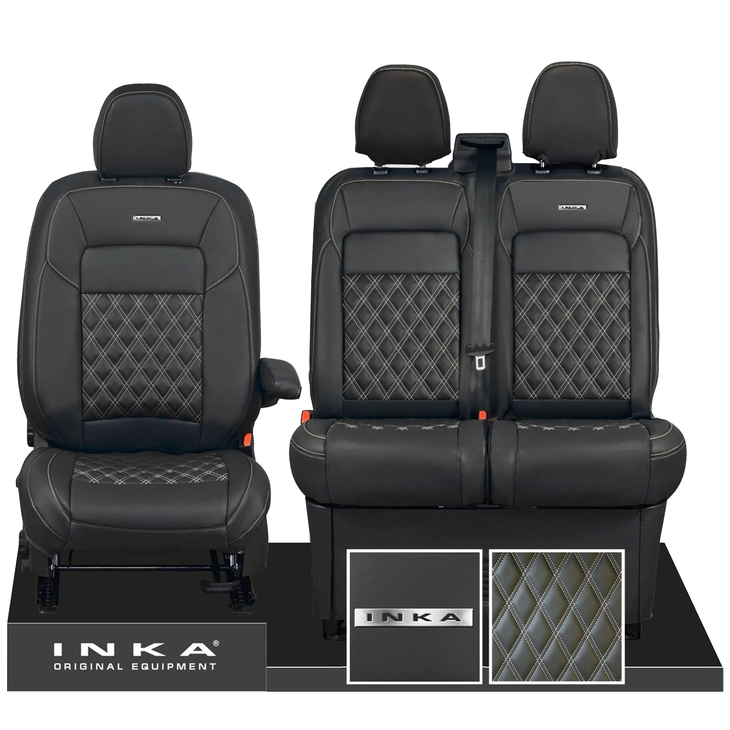 All New Ford Transit Custom Front 1 2 INKA Steel Badge Bentley Leatherette Tailored Seat Covers Black MY-2024 (Choice of 7 Colours)