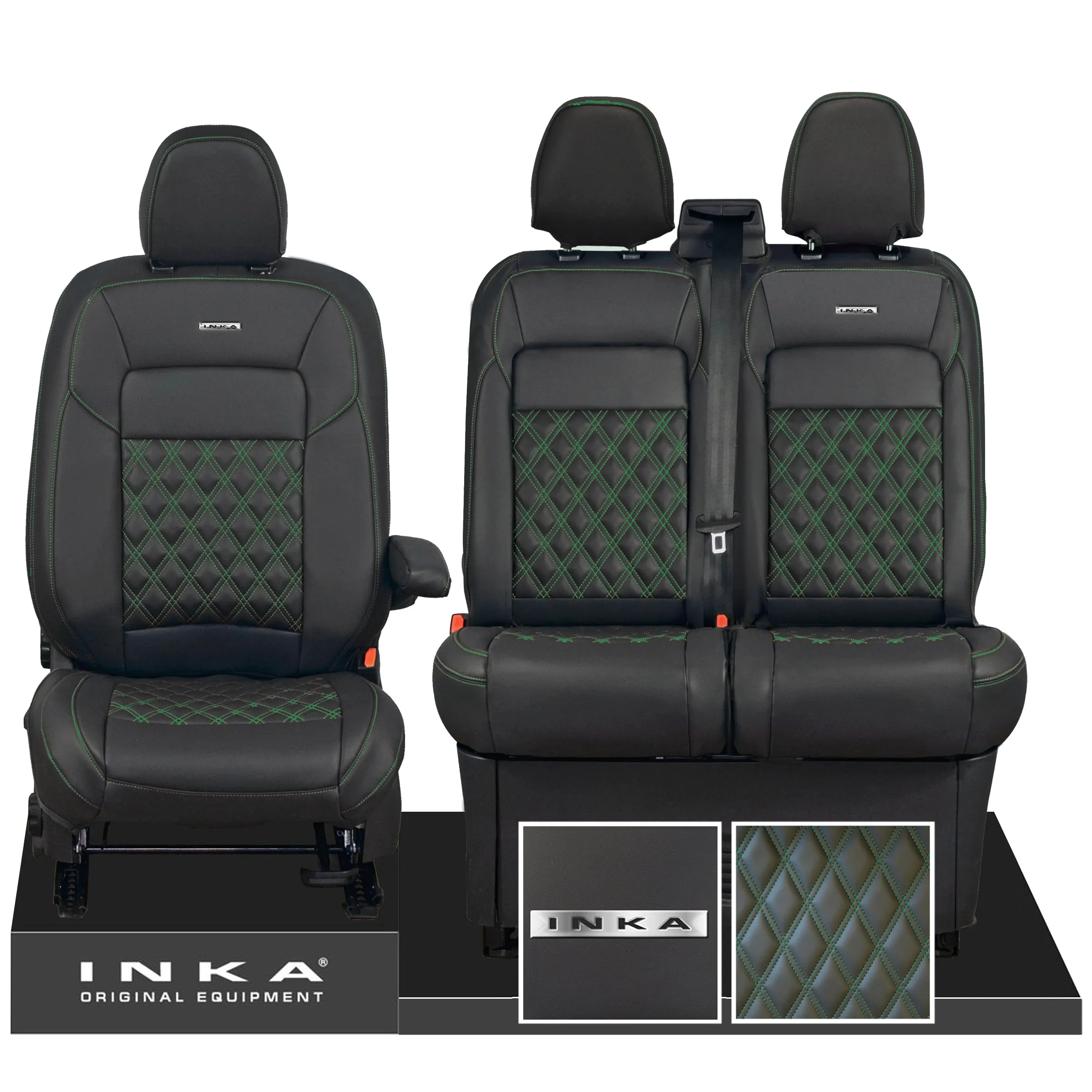 All New Ford Transit Custom Front 1 2 INKA Steel Badge Bentley Leatherette Tailored Seat Covers Black MY-2024 (Choice of 7 Colours)