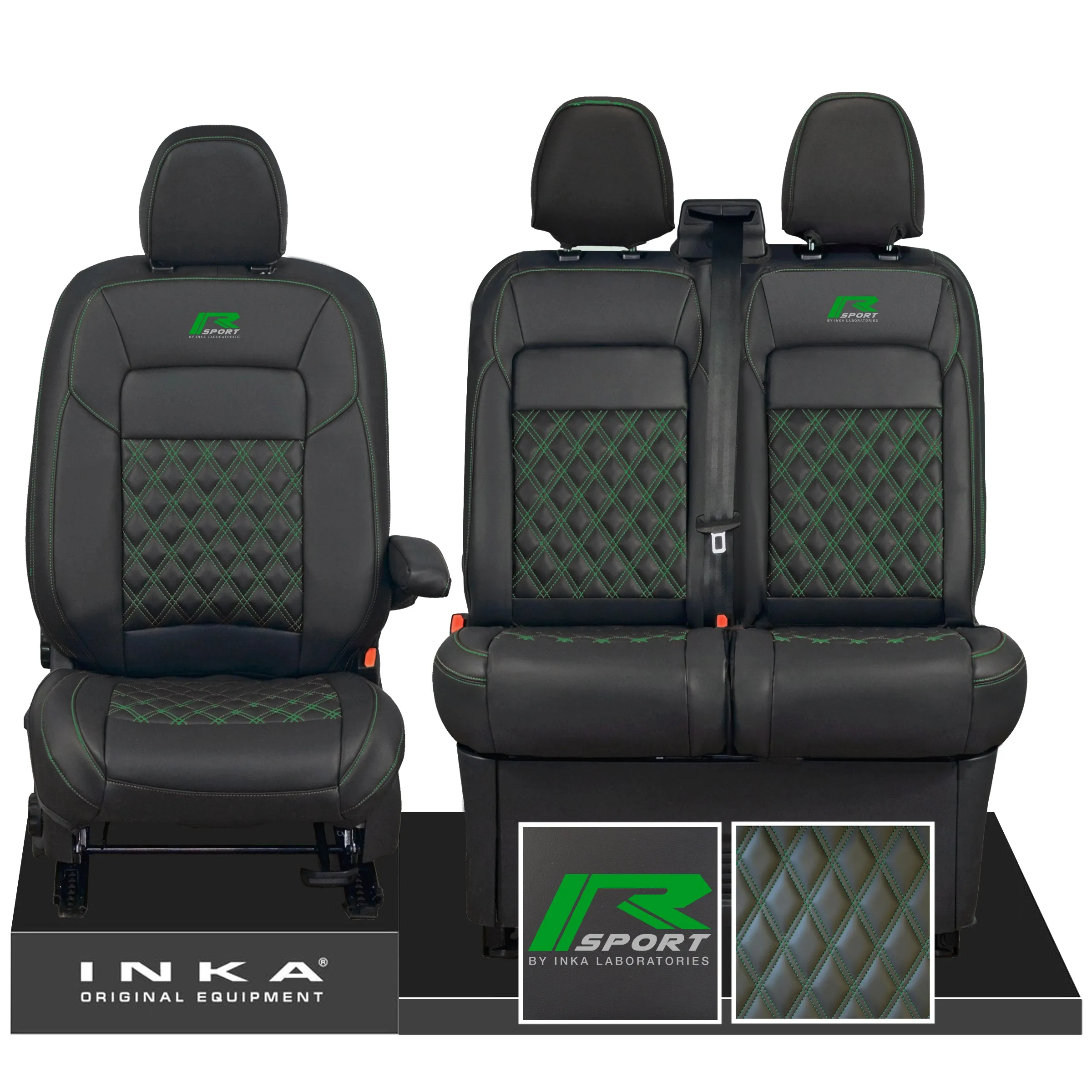All New Ford Transit Custom R-SPORT Front 1 2 INKA Bentley Leatherette Tailored Seat Covers Black MY-2024 (Choice of 7 Colours)