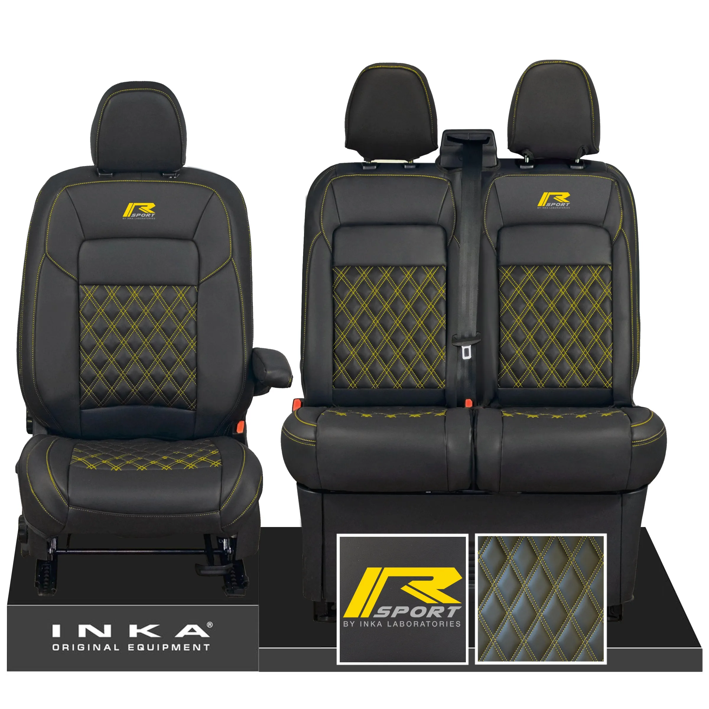 All New Ford Transit Custom R-SPORT Front 1 2 INKA Bentley Leatherette Tailored Seat Covers Black MY-2024 (Choice of 7 Colours)