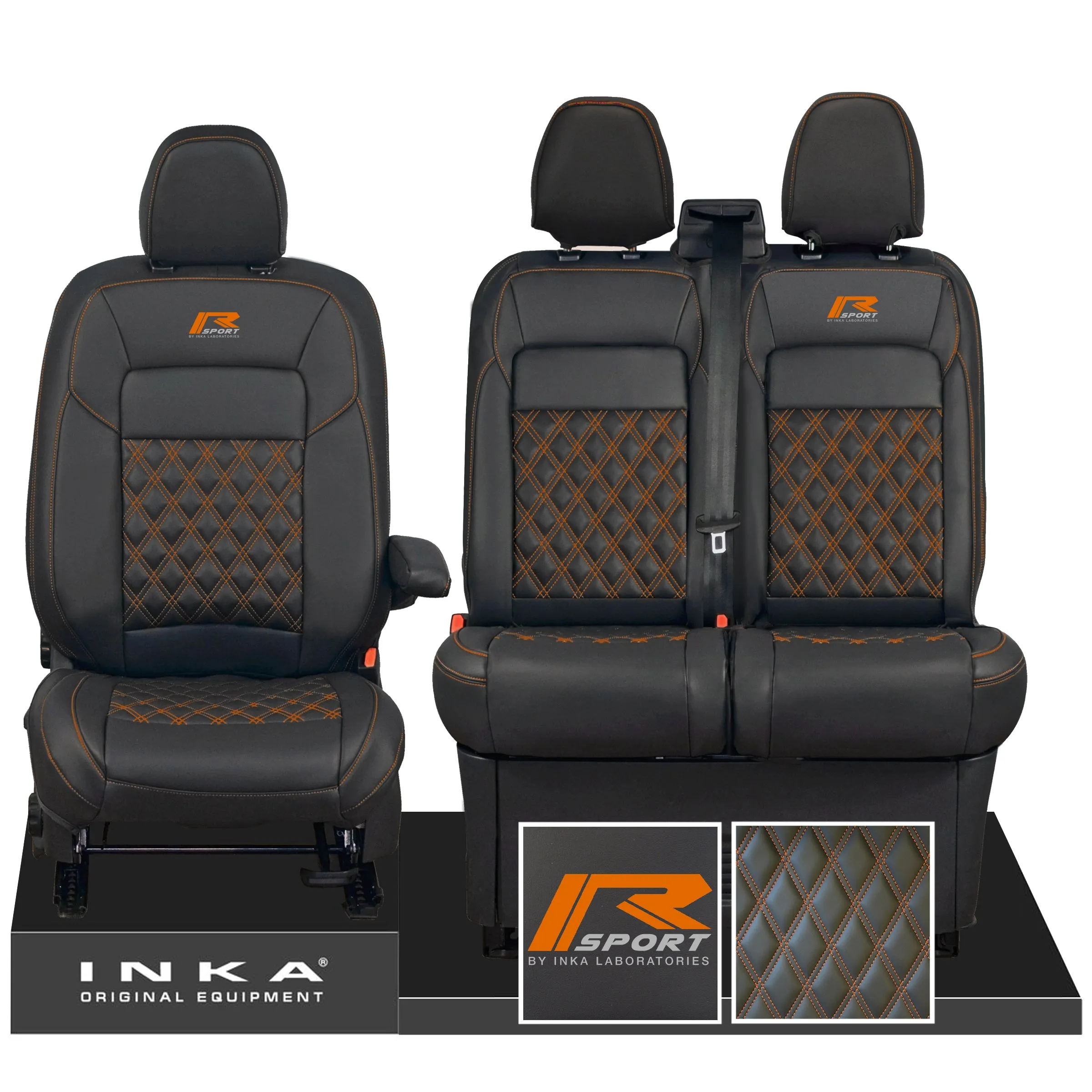 All New Ford Transit Custom R-SPORT Front 1 2 INKA Bentley Leatherette Tailored Seat Covers Black MY-2024 (Choice of 7 Colours)