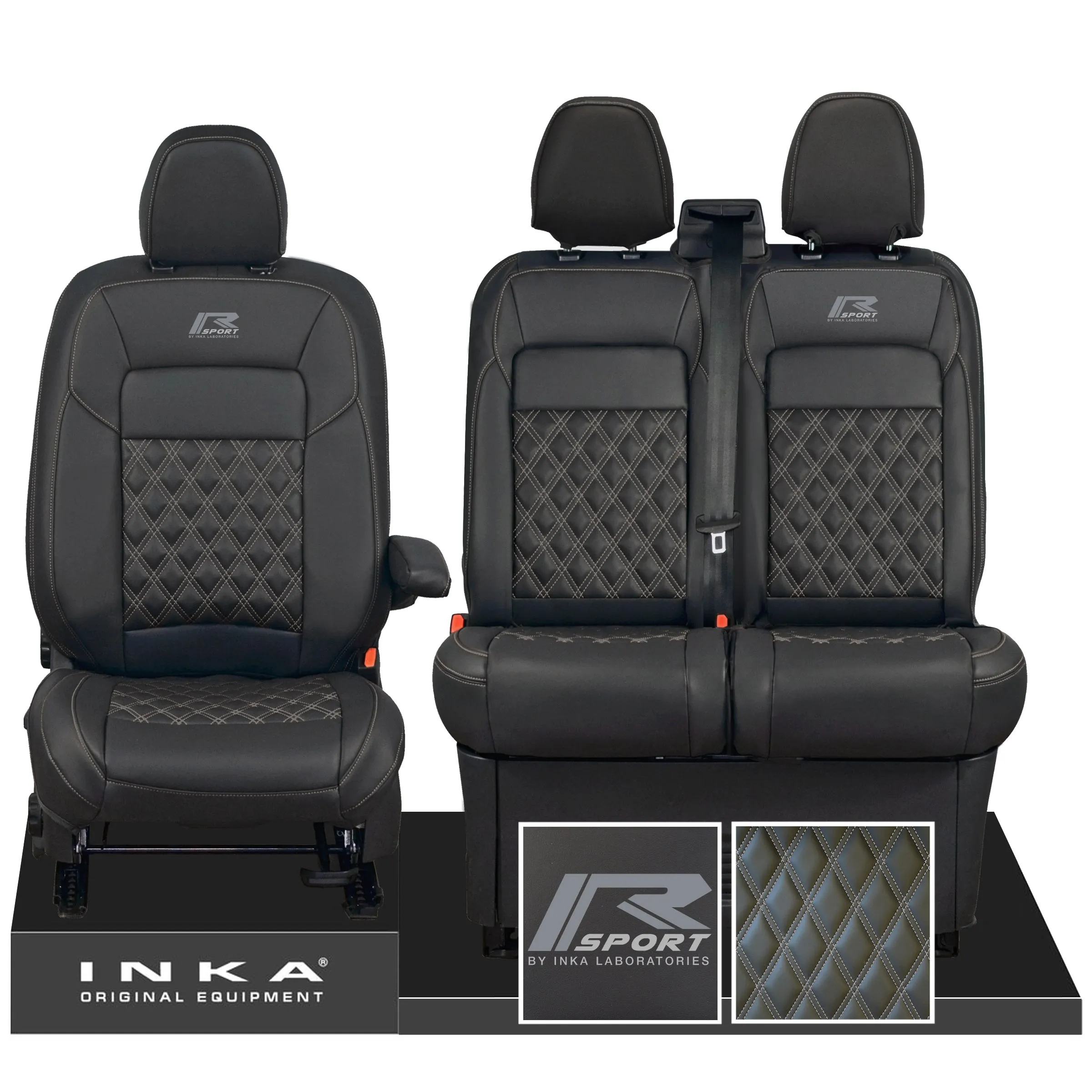 All New Ford Transit Custom R-SPORT Front 1 2 INKA Bentley Leatherette Tailored Seat Covers Black MY-2024 (Choice of 7 Colours)