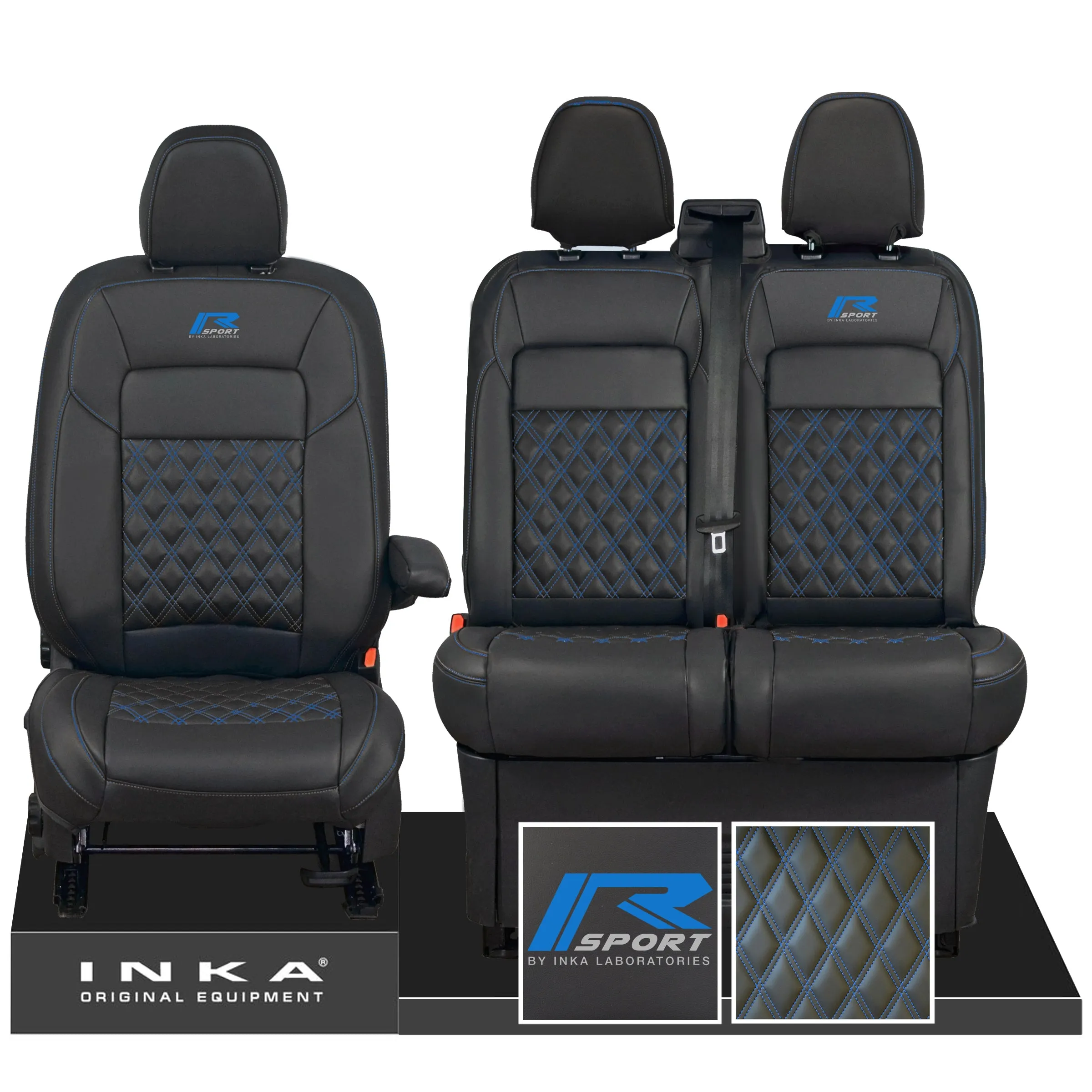 All New Ford Transit Custom R-SPORT Front 1 2 INKA Bentley Leatherette Tailored Seat Covers Black MY-2024 (Choice of 7 Colours)