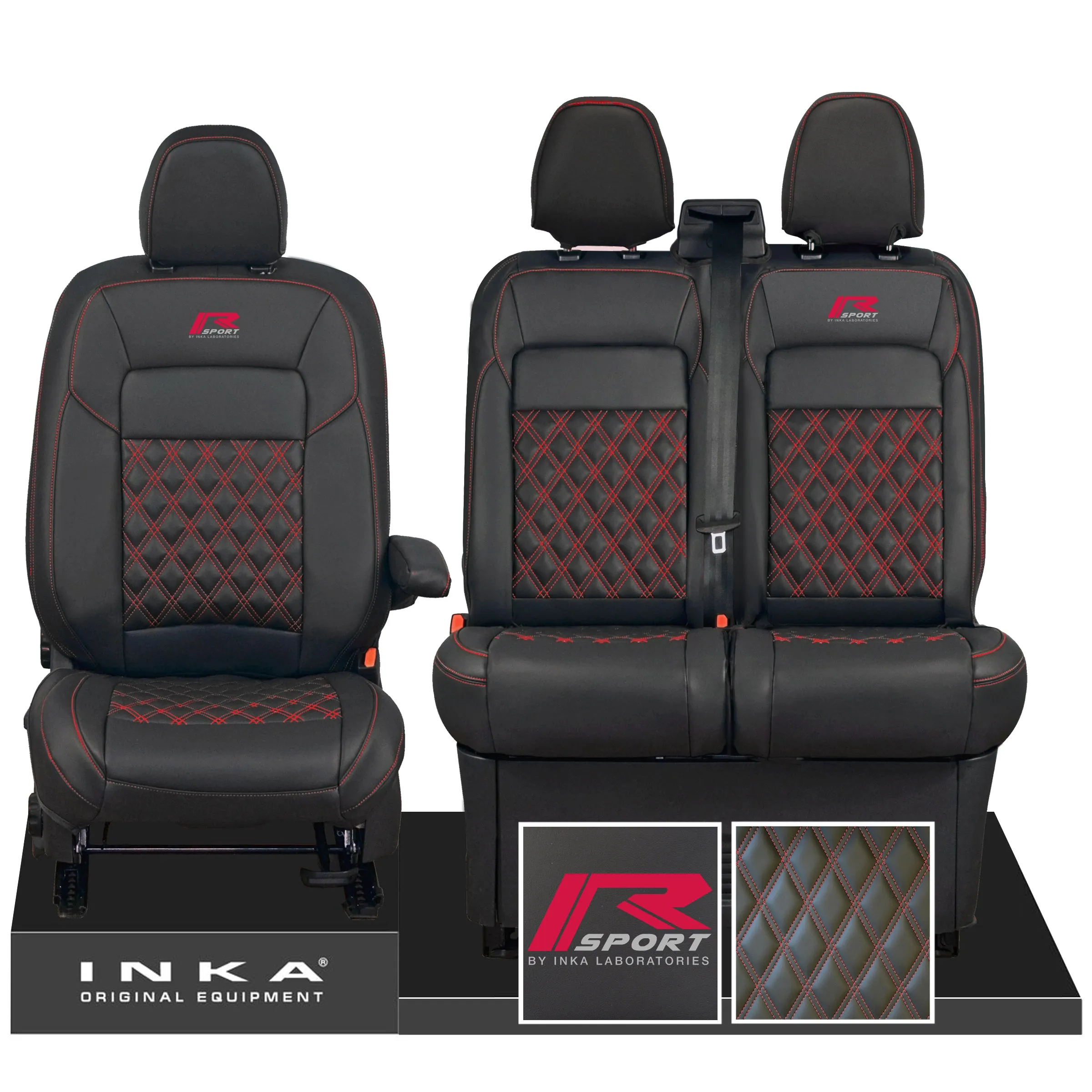All New Ford Transit Custom R-SPORT Front 1 2 INKA Bentley Leatherette Tailored Seat Covers Black MY-2024 (Choice of 7 Colours)
