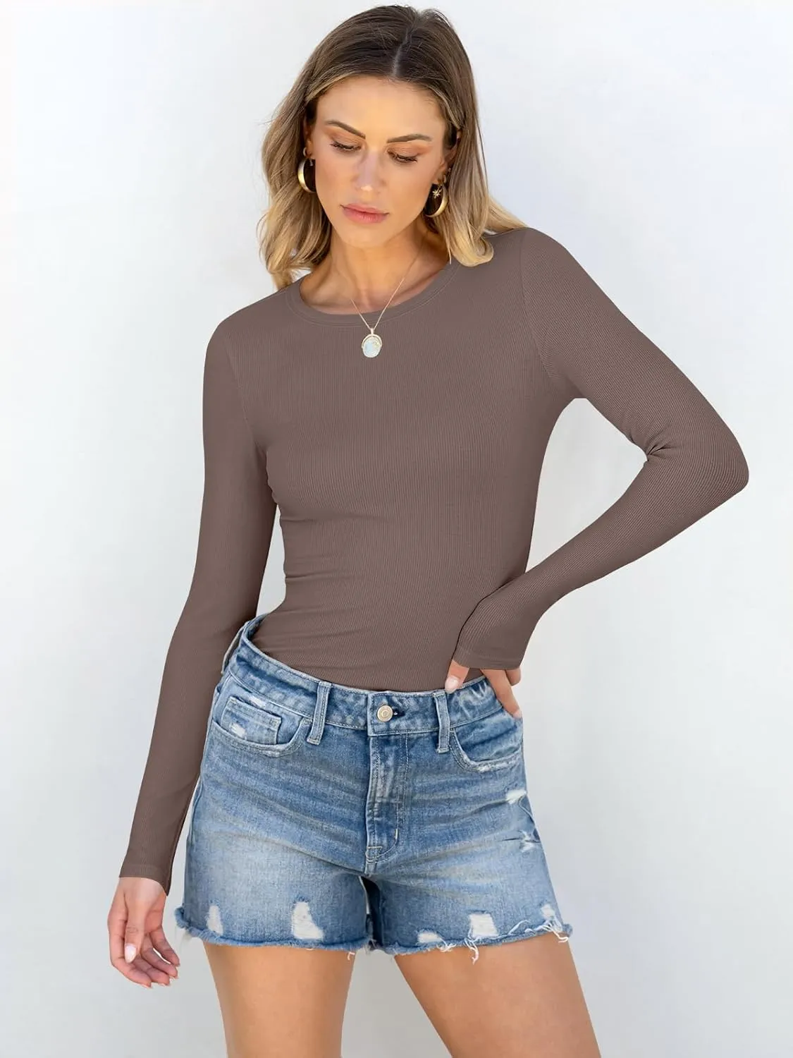 ANRABESS Women Long Sleeve Crewneck Rib Knit Slim Fit Shirts Basic Tee Tops 2025 Casual T-Shirt Going Out Workout Outfits