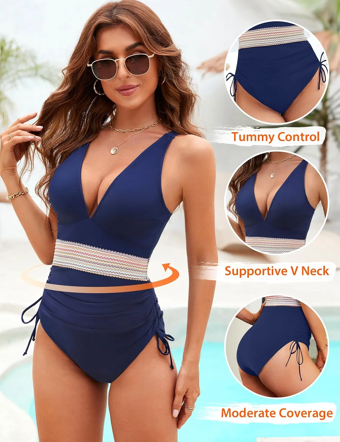 Blooming Jelly Women Tummy Control Swimsuits One Piece Slimming Modest Bathing Suit Color Block Drawstring Swim Suits