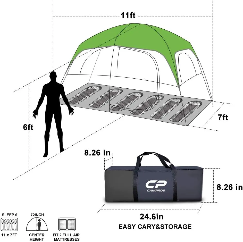 CAMPROS CP Tent 6/8 Person Camping Tents, Waterproof Windproof Family Tent with Top Rainfly, Large Mesh Windows, Double Layer, Easy Set Up, Portable with Carry Bag, for All Seasons
