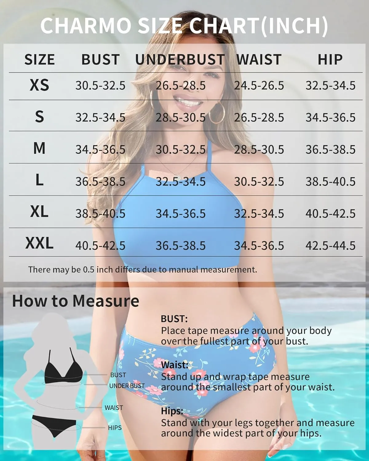 CharmLeaks Women's High Waisted Bikini Sets Sporty Two Piece Swimsuit Tummy Control Bathing Suit with Pockets