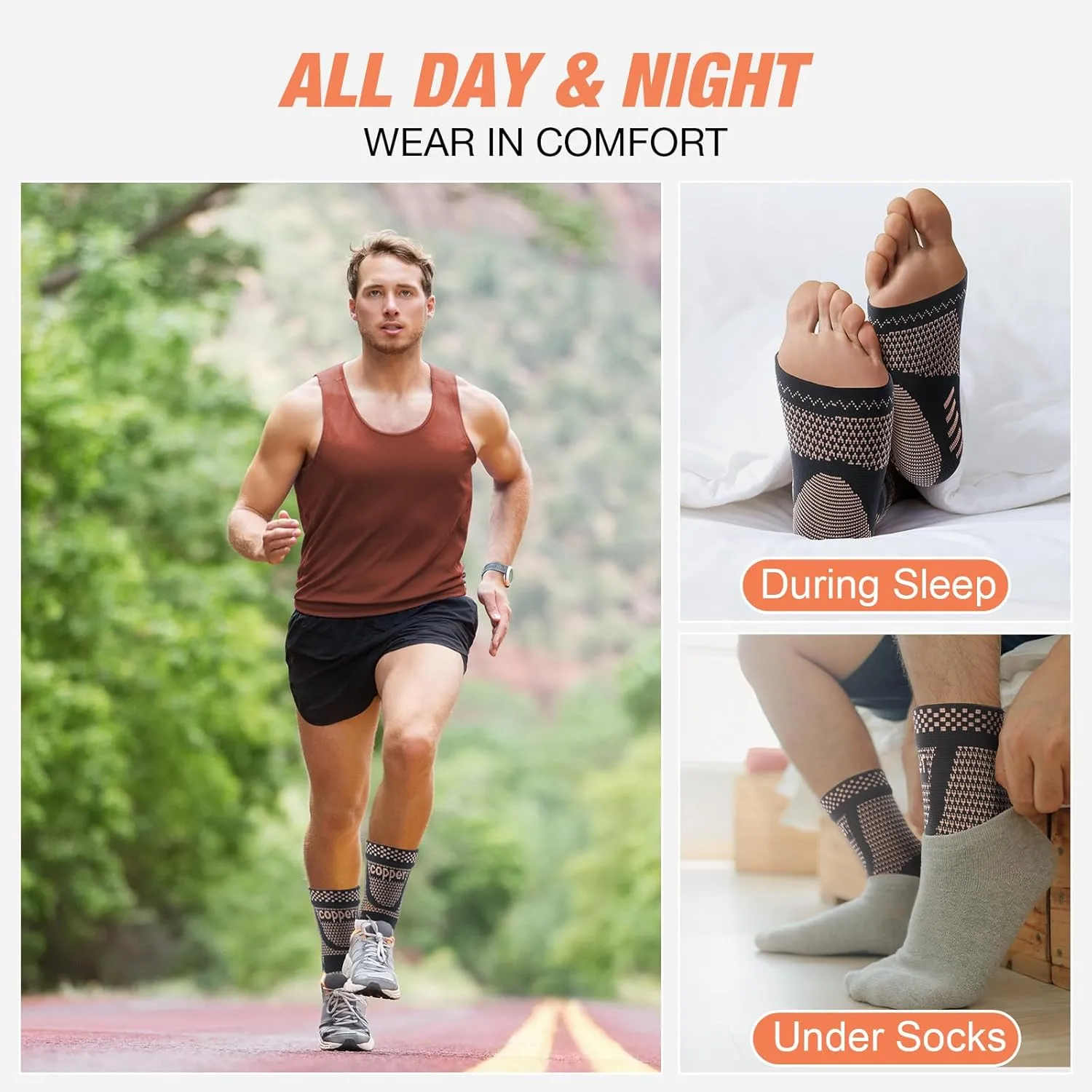 Copper Ankle Brace Compression Sleeve for Women & Men (1 Pair), Foot Arch Support Sock for Pain Relief, Plantar Fasciitis, Achilles Tendonitis