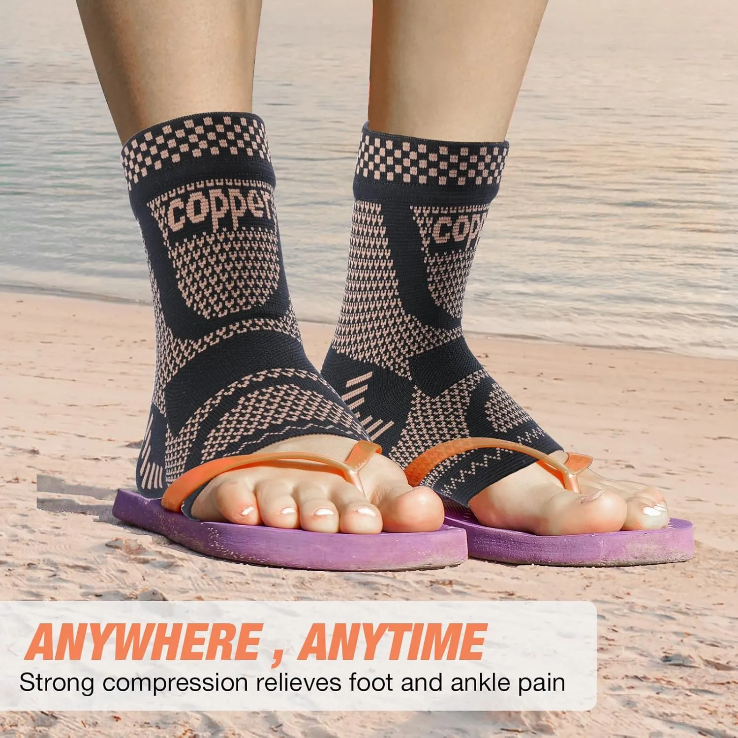 Copper Ankle Brace Compression Sleeve for Women & Men (1 Pair), Foot Arch Support Sock for Pain Relief, Plantar Fasciitis, Achilles Tendonitis