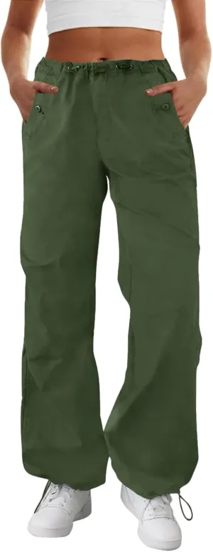 FireSwan Women's Parachute Pants Baggy Cargo Pants Wide Leg Y2K Pants with 4 Pockets Outdoor Travel Casual Hiking