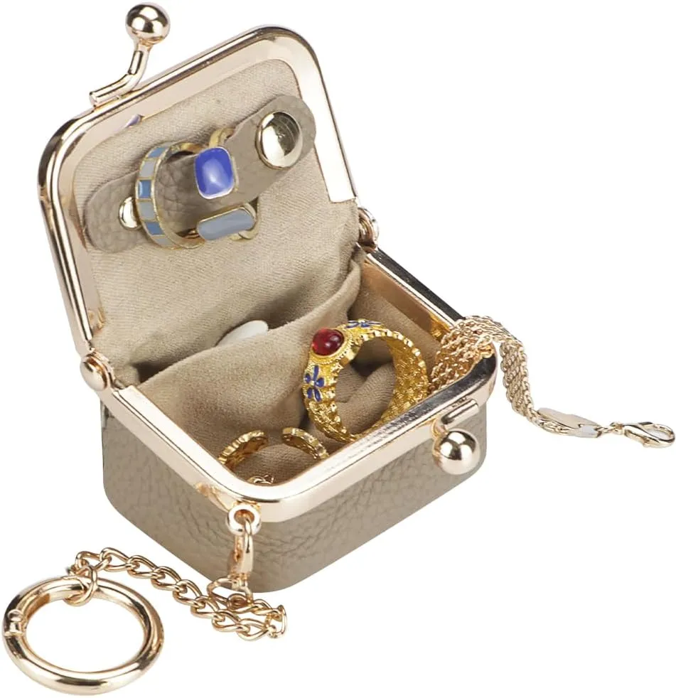 Genuine Leather Mini Jewelry Women's Coin Purse Solid Color Kiss Lock Change Pouch Casual Style Small Storage Bag for Women 1894 (Black with Chain)