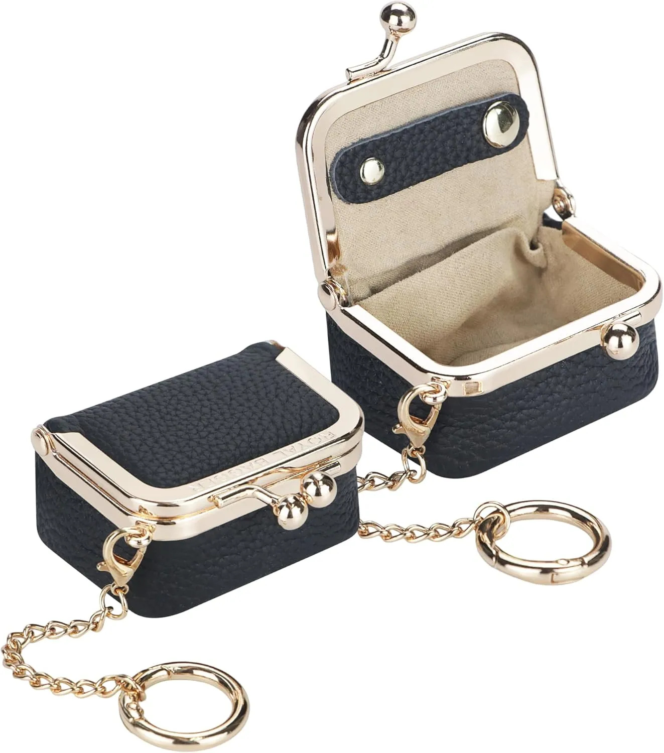 Genuine Leather Mini Jewelry Women's Coin Purse Solid Color Kiss Lock Change Pouch Casual Style Small Storage Bag for Women 1894 (Black with Chain)