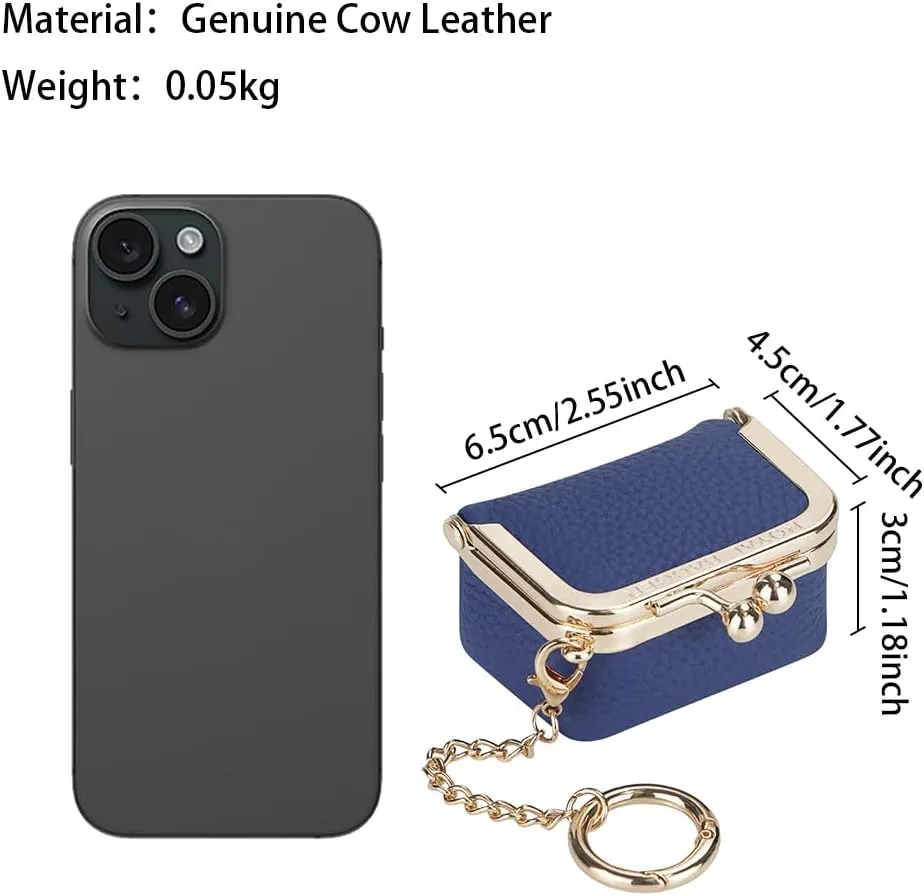 Genuine Leather Mini Jewelry Women's Coin Purse Solid Color Kiss Lock Change Pouch Casual Style Small Storage Bag for Women 1894 (Black with Chain)