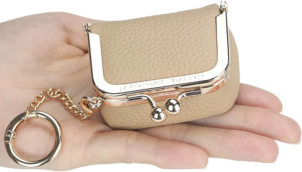 Genuine Leather Mini Jewelry Women's Coin Purse Solid Color Kiss Lock Change Pouch Casual Style Small Storage Bag for Women 1894 (Bright Red with Chain)