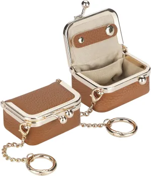 Genuine Leather Mini Jewelry Women's Coin Purse Solid Color Kiss Lock Change Pouch Casual Style Small Storage Bag for Women 1894 (Brown with Chain)