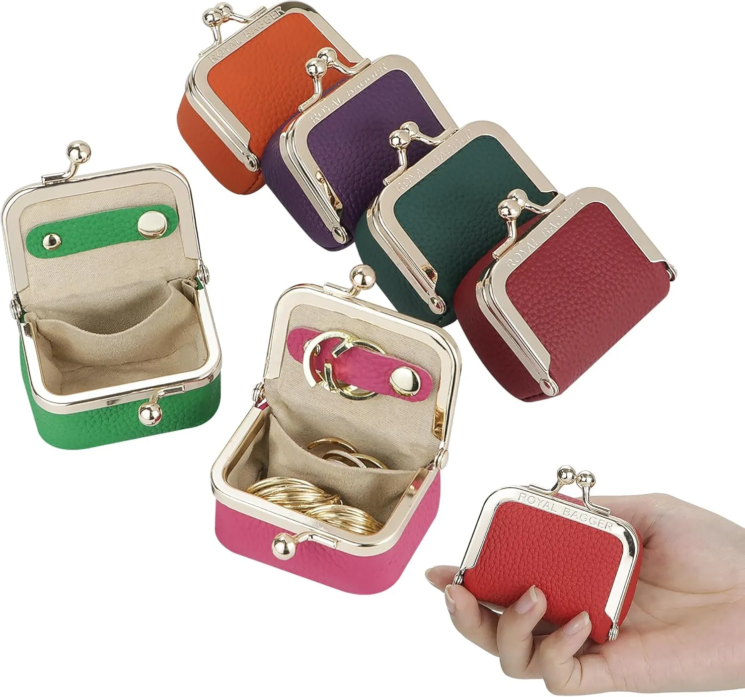 Genuine Leather Mini Jewelry Women's Coin Purse Solid Color Kiss Lock Change Pouch Casual Style Small Storage Bag for Women 1894 (Rose-1)