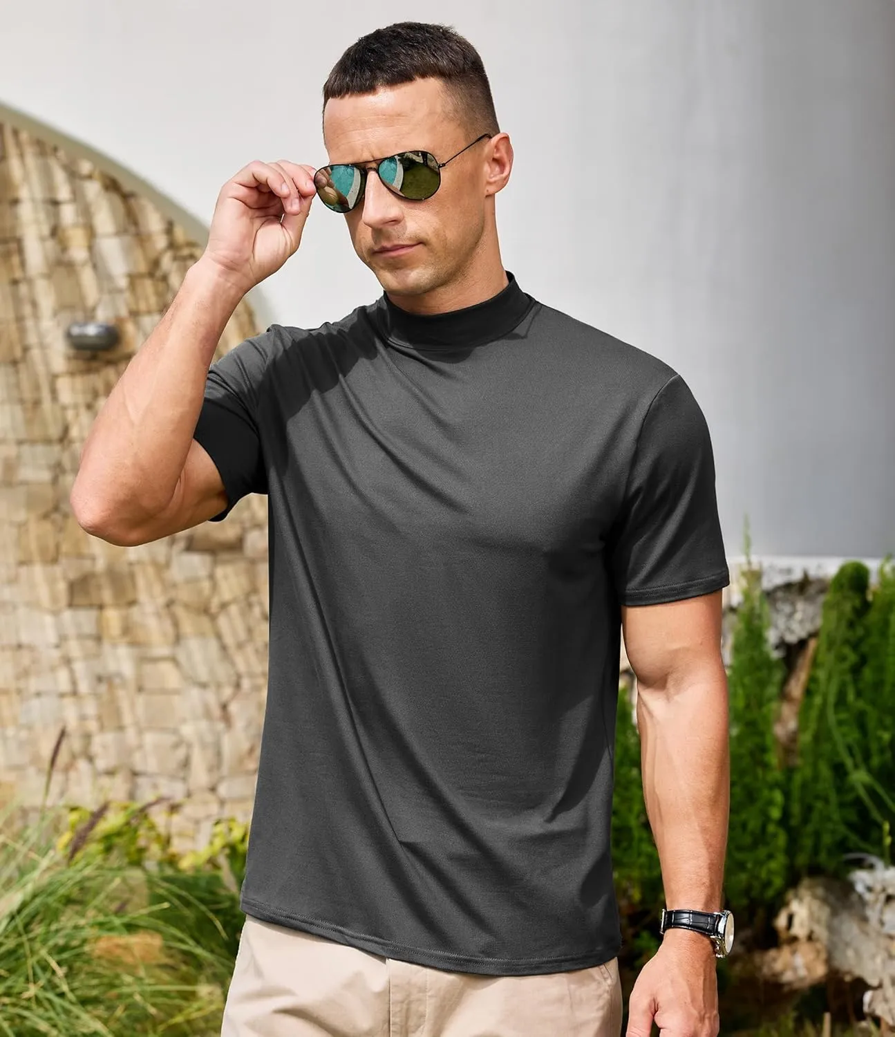 Men's Mock Turtleneck Short Sleeve Soft Lightweight Casual Basic T-Shirts Solid Pullover Tops