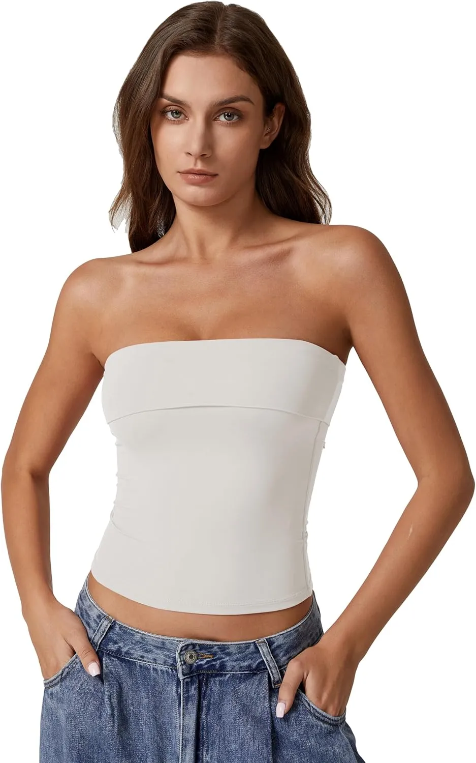 QINSEN Women's Tube Tops Strapless Bandeau Tops Double Lined Slim Fit Summer Going Out Tank Tops