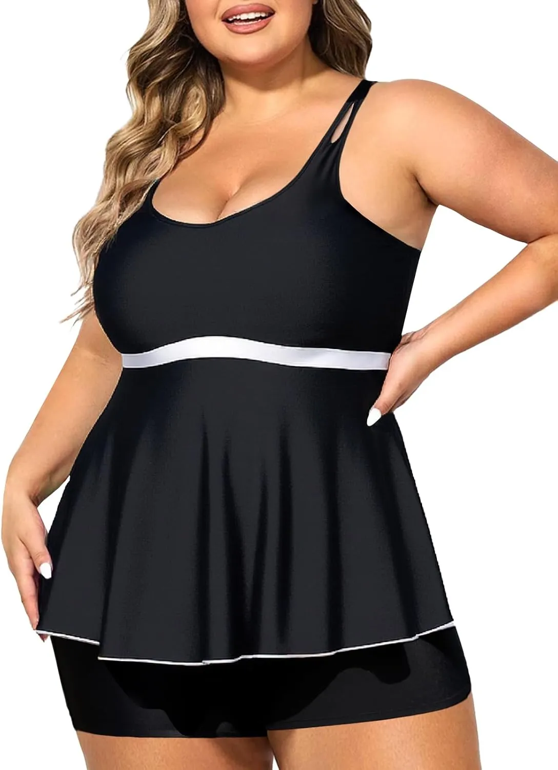 Summer Mae Women's Plus Size Tankini Cutout Two Piece SwimsuitColor Block Flowy Tummy Control 2025 Bathing Suits with Shorts