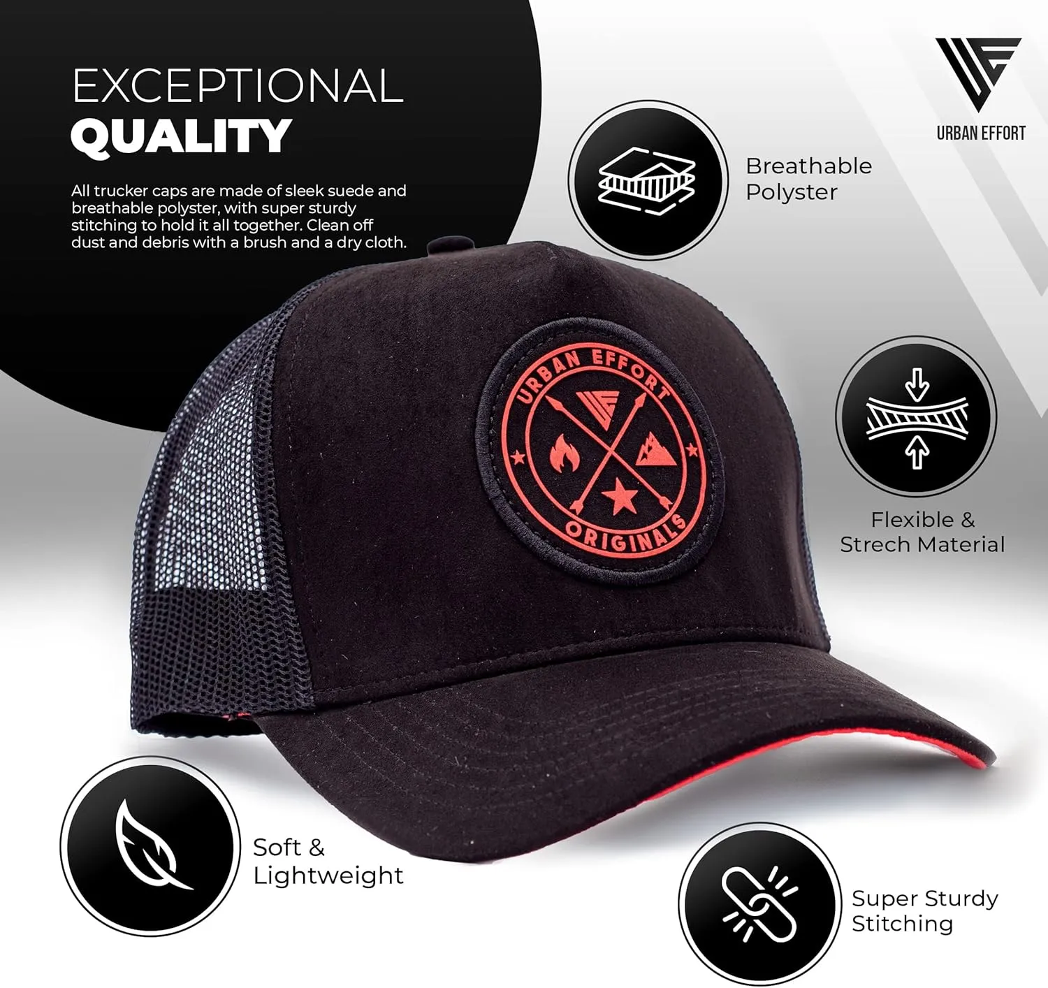 Urban Effort Mesh Back Cap - for Men and Women Baseball Hat 5-Panel Trucker Hat - Great Snapback Closure for Hunting & Hiking