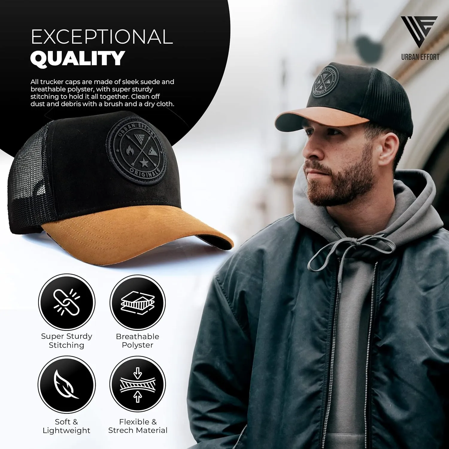 Urban Effort Mesh Back Cap - for Men and Women Baseball Hat 5-Panel Trucker Hat - Great Snapback Closure for Hunting & Hiking