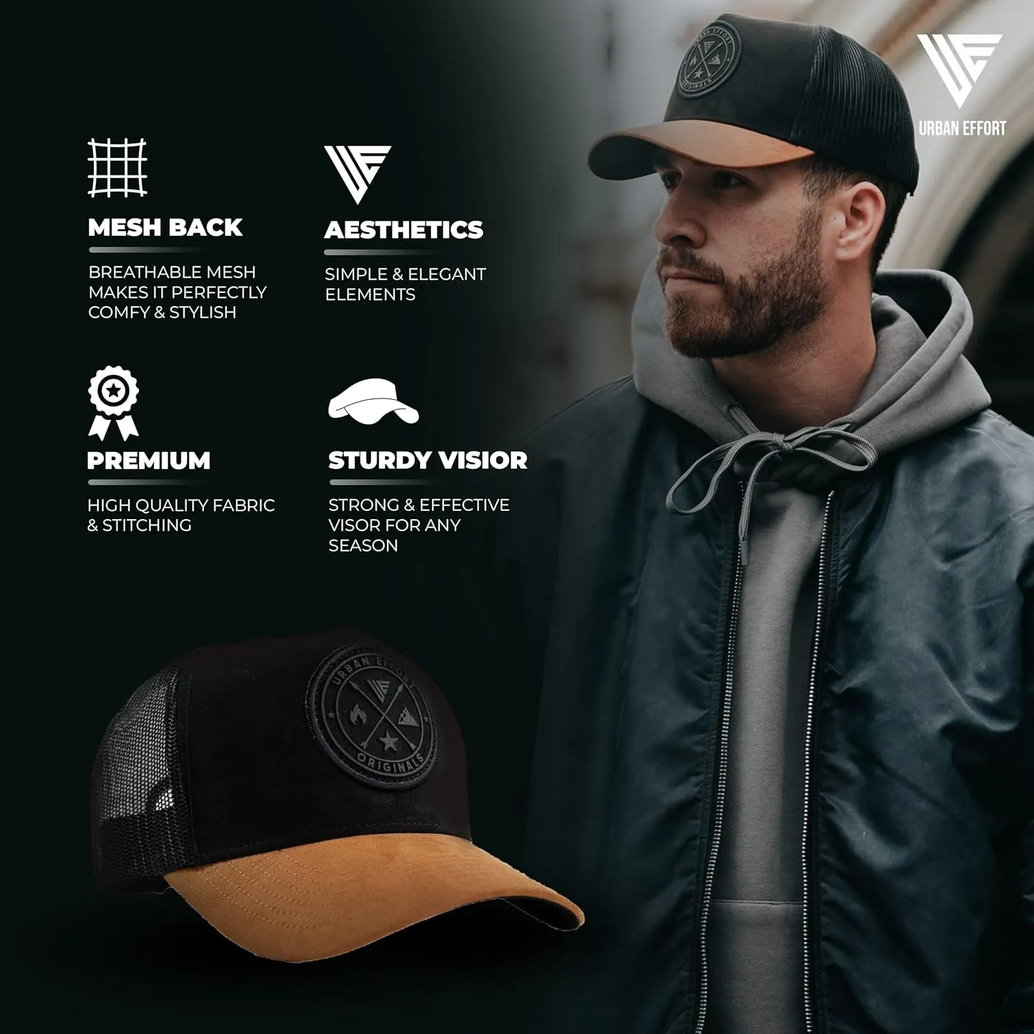 Urban Effort Mesh Back Cap - for Men and Women Baseball Hat 5-Panel Trucker Hat - Great Snapback Closure for Hunting & Hiking