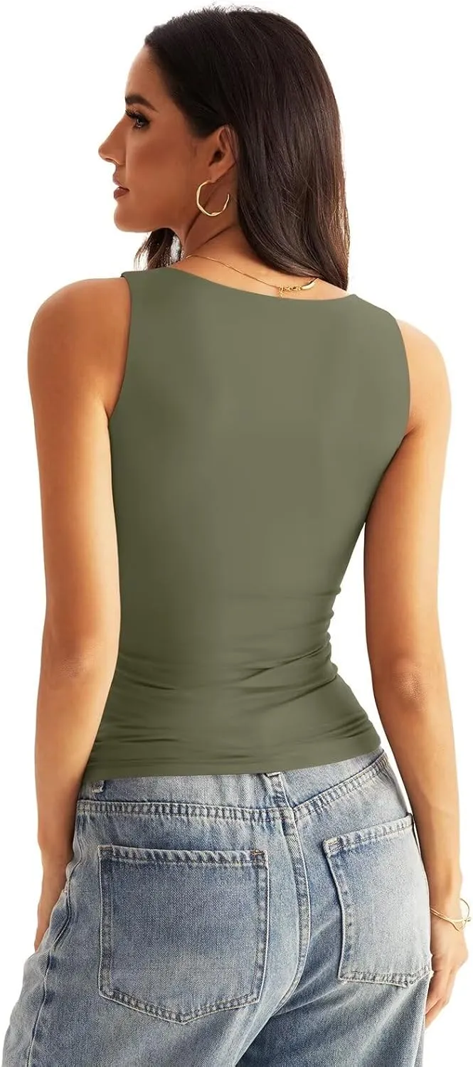 Womens V Neck Tank Tops Sleeveless Double Lined Basic Tops Slim Fit Summer Shirts 2025